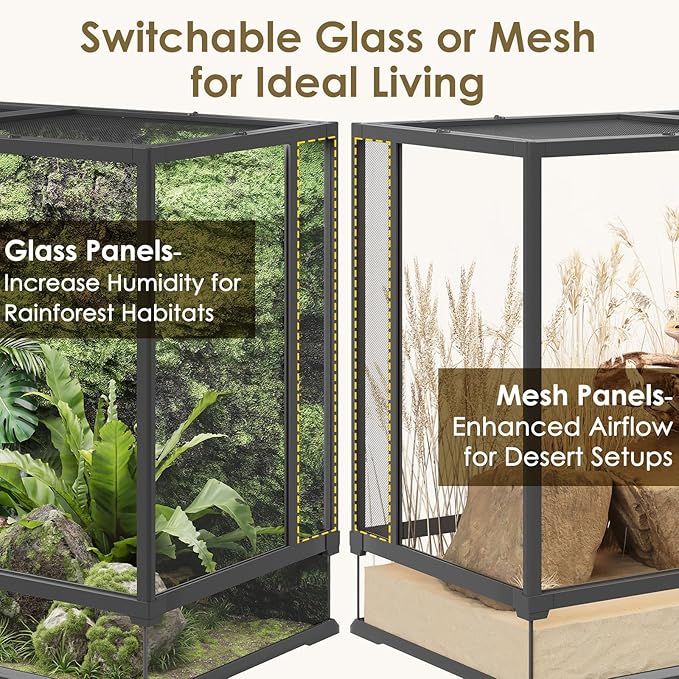 Erinnyees 74 Gallon Reptile Terrarium with Top Screen Ventilation, Snake Habitat with Heating Pad Space, Front Opening Reptile Vivarium with Sliding Cable Outlet for Leopard Geckos, Turtles, Snakes