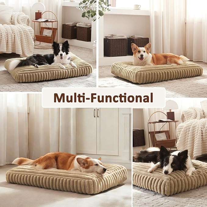 Dog Bed Medium Size Dog, Flat Pet Beds with Removable Washable Cover, Pet Mat Cute Crate Bed Thick Shredded Chopped Crate Foam & Anti Slip Bottom for Indoor, Beige