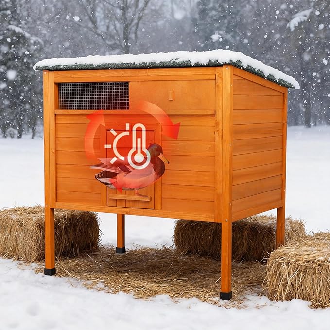 FunXplore Insulated Duck Coop Weatherproof Wooden Outdoor Warm Duck House for Outside Small Animal Pet Hutch with Larger Windows Openable Asphalt Roof Elevated Legs