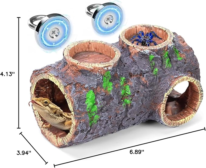 MECESOR Magnetic Reptile Hide with Waterer & Feeder Trough,Resin Hollow Tree Gecko Hideout Cave,Non-Toxic Climbing Toy Terrarium Decor for Green Anole,Tree Frog Climbing Accessories,Grey