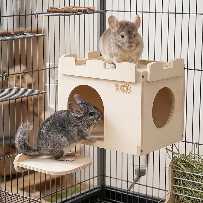 Castle Chinchilla House, Small Animal Hideout for Chinchilla, Guinea Pig, Hedgehog, or Rat, Ventilated Wooden Hamster Habitat with Multiple Doors, Made from Natural Wood