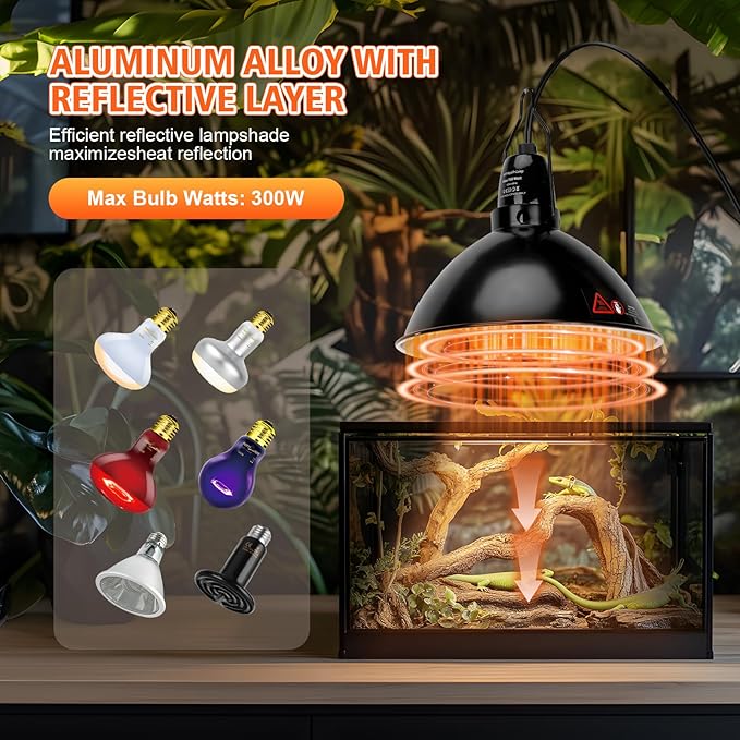 XFP Reptile Light Fixture with Thermostatic Timer, 5.5'' Reptile Heat Lamp Fixture, Added Switch Control Function with 300W Heat Lamp Bulbs for Reptile Glass Terrariums