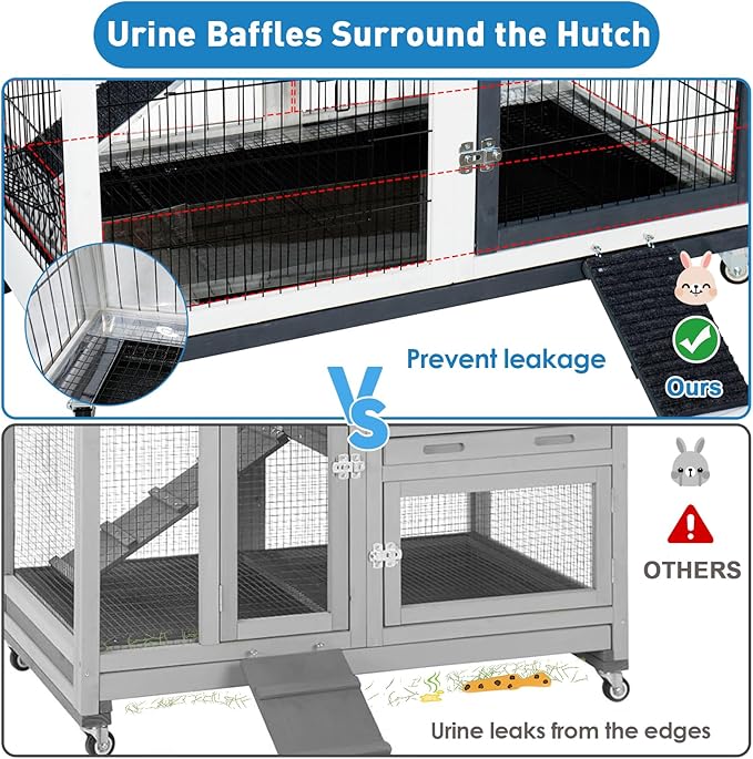 FunXplore Rabbit Hutch Indoor Bunny Cage Outdoor with Urine Guards 2 Storey Mobile Guinea Pig Cage Weatherproof Asphalt Roof Wire Bottom 2 Trays