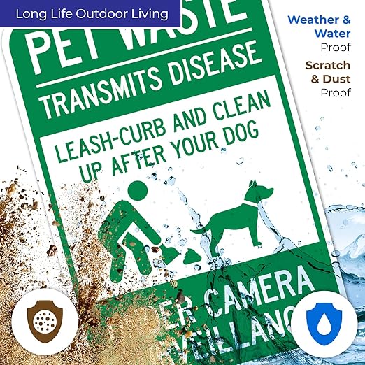 Pet Waste Leash-Curb and Clean Up After Your Dog Under Camera Surveillance Sign, (SI-63188) 12x18 Inches, Rust Free .063 Aluminum, Fade Resistant, Made in USA
