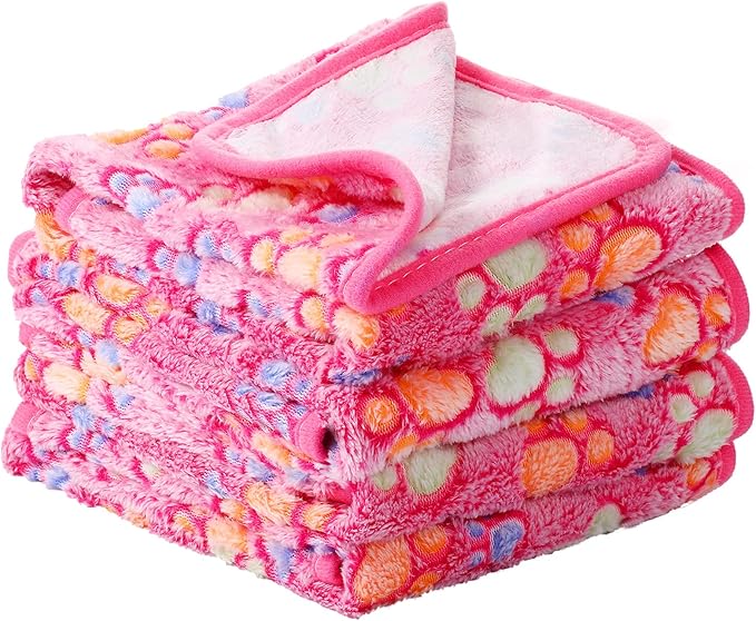 Tatuo 4 Pcs Dog Blanket for Pet Cat Blankets Indoor Puppy Teething Stuff Toys Paw Print Fleece Blanket Warm Sleep Mat for Guinea Pig Cage(Pink,Small(24 x 16 Inch),Square)
