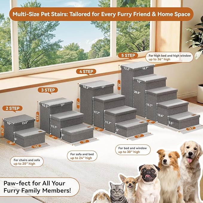 Zerbuger Dog Stairs with Storage 23" H, 4-Step Wider Dog Steps for High Beds Window, Folding Sturdy Pet Stairs Gift for Injured Old Dogs Cats, Ramp for Climbing Car Up to 200 lbs,(Gray, No Condo)