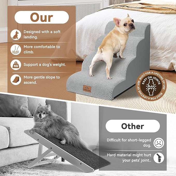 Zerbuger Dog Ramp and Stair for Bed 16" H-20 H,3-Step Cat Stair for Sofa and Chair,4-Step Dog Ramp for High Bed and Window,Durable Nonslip Fabric Cover for Indoor (Light Grey-20 H, Pet Friendly, 4)