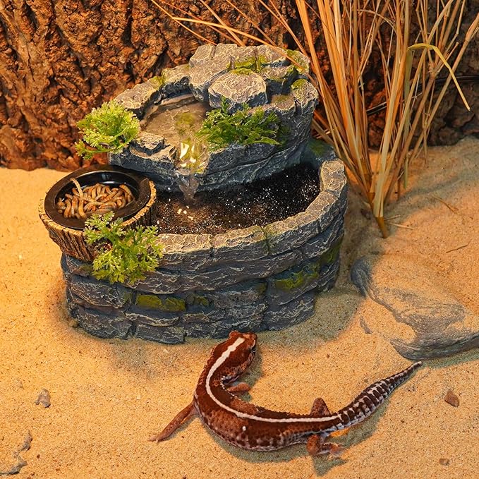 Reptile Water Fountain, Reptile Terrarium Waterfall Drinking Fountain with Food Dish for Bearded Dragon Lizard Leopard Crested Gecko Chameleon Frog
