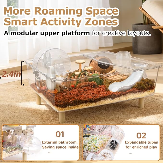 Large Hamster Cage,Crystal Clear Acrylic Hamster Cage with Stand,24.4''L*18.1''W*15.8''H Pet Mouse Cage for Pet Mice,Crystal Mouse Habitat,Hamster Enclosure with Modular Platform,Hamster Starter Kit