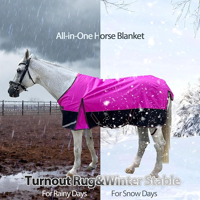 300g Fill 1200D Mid-Heavy Weight Winter Waterproof and Breathable Horse Blanket Belly Straps| Turnout Blankets with Reflective Strips (Hot Pink/Black, 72'')