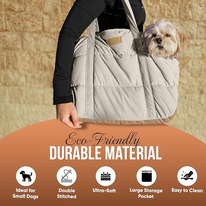 Plush Dog Purse Carrier for Small Dogs, Soft Tote Bag with Safety Harness Clip, Cozy Pet Carrier for Dogs Under 15 lbs, Comfortable Dog Shoulder Carrier for Travel, White 2.0