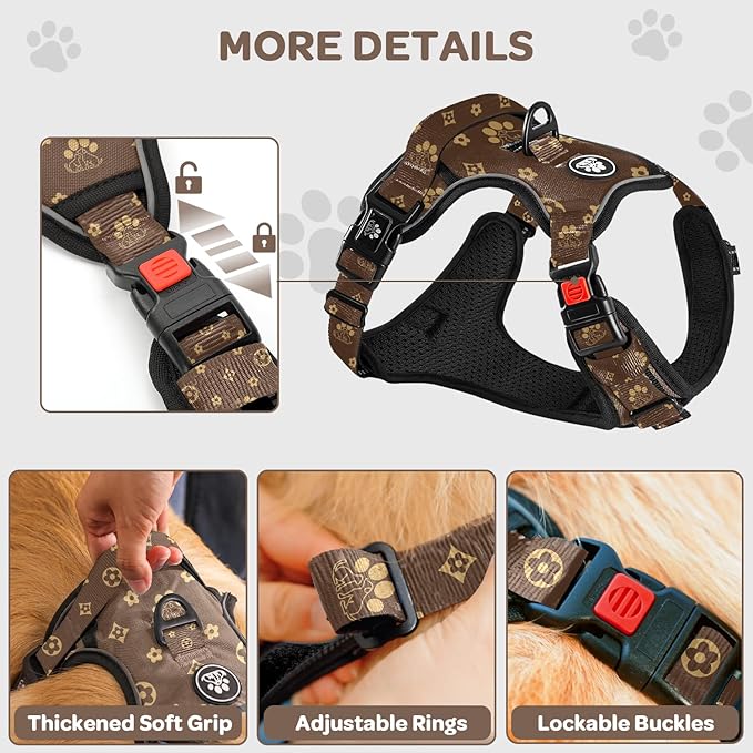 FURRYFECTION Plaid Dog Harness for Medium Dogs, Reflective No Pull Adjustable Pet Vest with Front Clip, Leash, Easy Control Handle and Seat Belt, Dark Brown, M