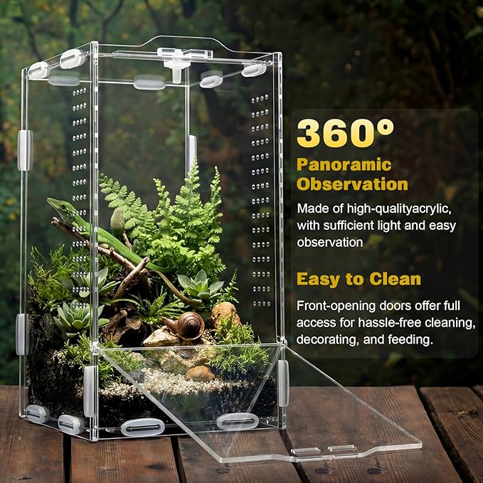 2 Pack Jumping Spider Enclosure Kit Acrylic Reptile Terrariums with Locking Latch, All Side Ventilation, Praying Mantis Habitat, Frog Bug Enclosure, 4.3x4.7x7.87 Inch with Feeding Monitoring Tool