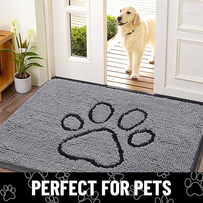 Smiry Dog Door Mat for Muddy Paws, Absorbent Dirt Trapper Non Slip Quick Dry Washable Chenille Mat for Mud Dogs, Entry Rug for Indoor and Outdoor (45x27 Inches, Grey and Black)