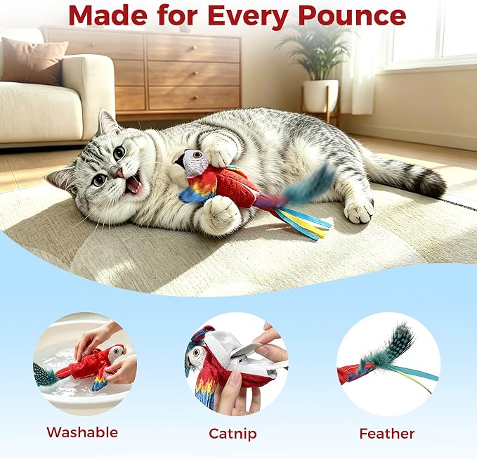 Interactive Bird Cat Toy for Indoor Cats, Flapping Wings and Moving Tail, Auto Chirping Cat Toy, Touch Activated Rechargeable Self Play Cat Kicker Toy, with 5 Bird Covers and Catnip Pouches - Image 5