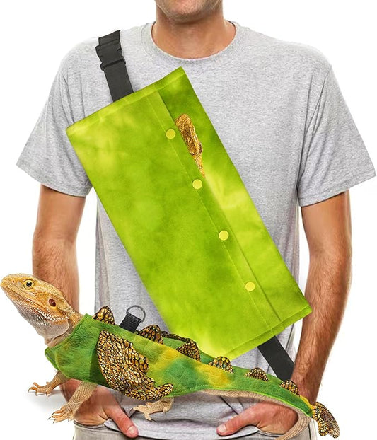 Bearded Dragon Leash and Harness Set, Beardie Carrier, Lizard Adjustable Harness with Leather Wings and Sling Bag, Reptile Small Pet Backpack Batwing Accessories (Green)