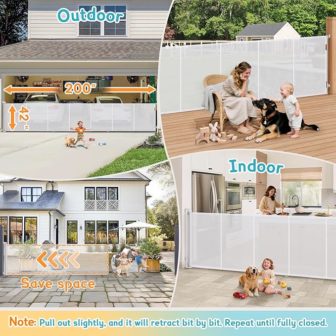 200'' Retractable Baby Gates Extra Wide, 42'' Extra Tall Retractable Dog Gate, 16 FT White Indoor/Outdoor Retractable Gate with Reinforcement Rods for Garage, Doorways, Stairs, Decks, Driveway, Patio
