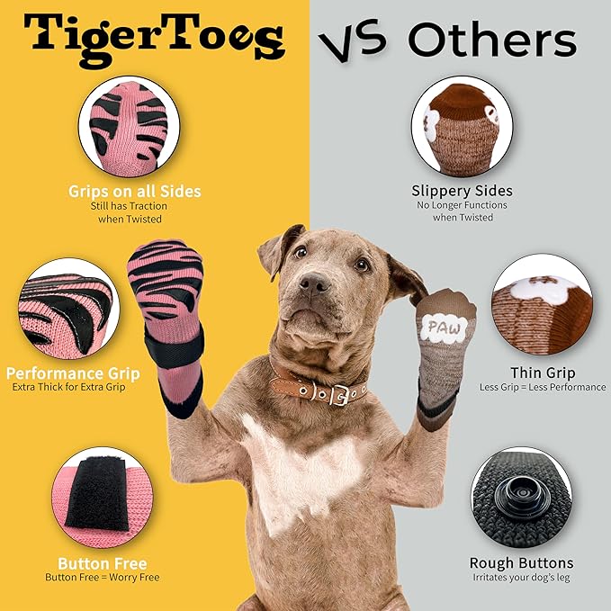 DOK TigerToes Premium Non-Slip Dog Socks for Hardwood Floors - Extra-Thick Grip that Works Even When Twisted - Prevents Licking, Slipping, and Great for Dog Paw Protection (XXL, Sassy Pink)