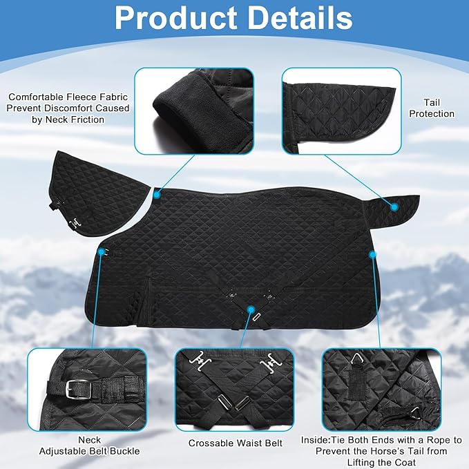 Yaomiao Winter Horse Blanket 78 Inch Waterproof Turnout Blanket Warm Cotton Filling Liner with Turnout Neck Cover Detachable for Horse, Black