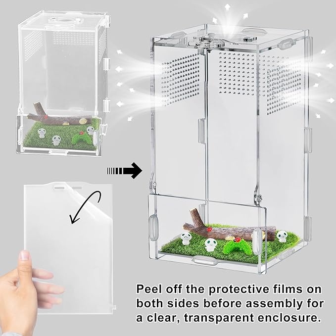 VERTUPET 4''x4''x8'' Jumping Spider Enclosure with Accessories, Acrylic Arboreal Reptile Tank with Resin Branch, Glow Fairies, Hideout & Artificial Grass Mat, Reptile Habitat Box for Spiders