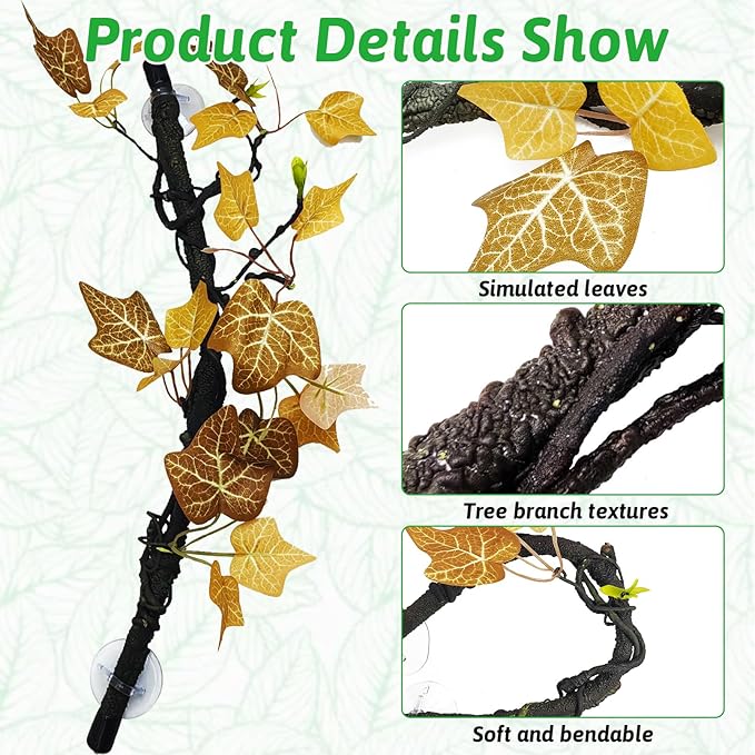 PINVNBY 2 PCS Snake Climbing Branch, Flexible Jungle Reptile Vine with Suction Cup Gecko Climb Tree Branches Chameleons Cage Accessories for Lizards,Tree Frog, Crested Gecko,Snake Enrichment（Orange）