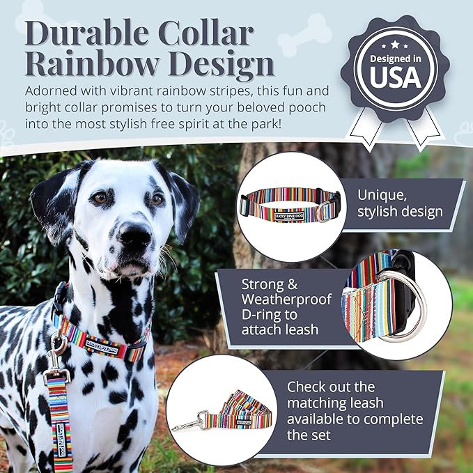 Lucky Love Dog Collars, Rainbow Stripes Pattern Dog Collar for Medium Dogs, Comfortable & Soft Cute Girl or Boy Dog Collar, Hippie, Medium