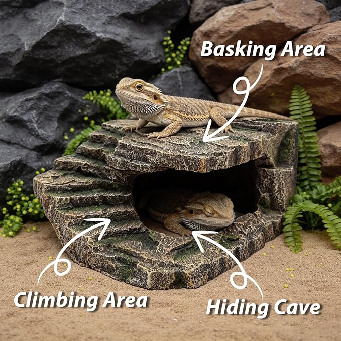 Extra Large Resin Reptile Cave Hideout, Rock-Style Basking Platform, Aquarium and Terrarium Decor, Ideal for Reptiles, Amphibians, and Fish