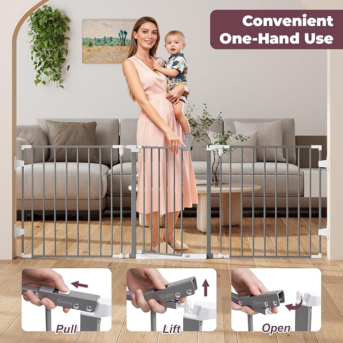 78" Extra Wide Baby Gate, Dog Gates Indoor for Doorways Stairs, Essential Safety Gate for Child, Hardware Mounted Adjustable Pet Gate with Anti-Trip Pedal, 28'' Tall 3 Metal Panels Grey
