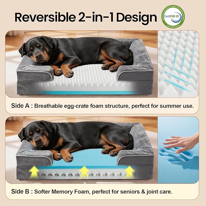 OhGeni Orthopedic Dog Bed Couch Big Cat Sofa for Extra Large Sized Pets with Memory Foam, Machine-Washable Waterproof Removable Cover, Soft Comfortable Fabric, 45-inch (Gray)