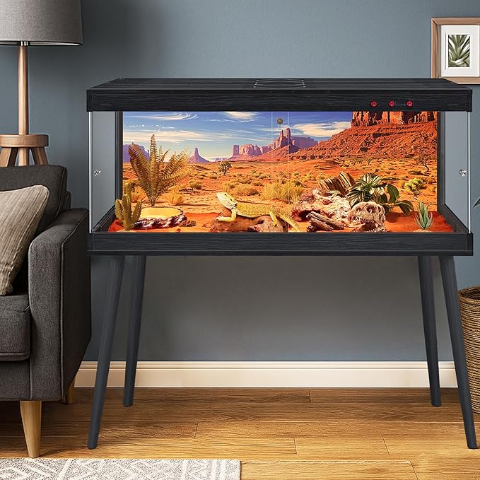 Royxen Bearded Dragon Tank, 82 Gallon Reptile Tank with Leg Stand,Built-in Lighting Reptile Enclosure, Tempered Glass Bearded Dragon Encloure for Chameleon (Black,48"x 20"x 20")