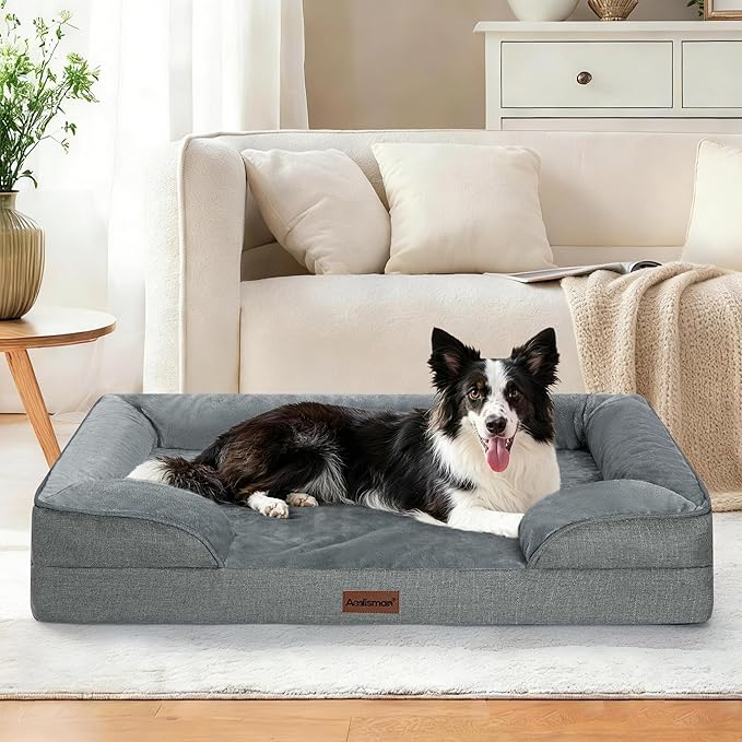aodisman Orthopedic Dog Bed Medium Size Dogs, Waterproof Memory Foam Sofa Pet Beds with Sides,Cozy Egg-Crate Foam with Extra Head and Neck Support, Washable Cover & Nonslip Bottom,Grey
