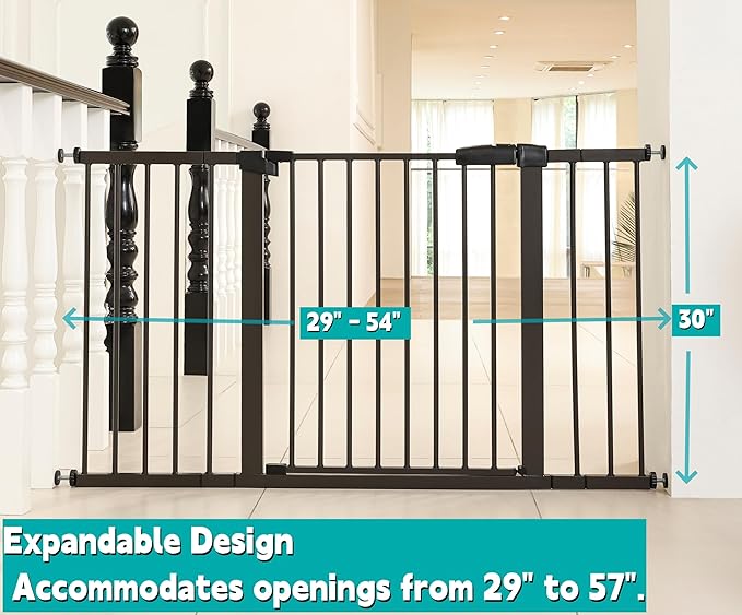 53.46"-55.63" Baby and Pet Safety Gate, 30" Tall Metal Walk-Thru Gate for Doorways & Stairs, Easy One-Hand Open, Dual Lock, Extensions & Wall Mounts Included (Black, 29"-54" W x 30.5“H)