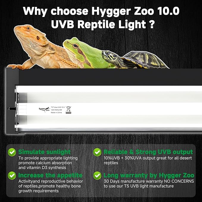 T5 UVB Reptile Light Fixture Upgrade Square HO UVB Bulb Lighting Combo Kit 10.0 UVB Light for Reptiles Terrarium Fluorescent 8W Reptile Light Bar UVA UVB Desert Lamp for Bearded Dragon Turtle Tank