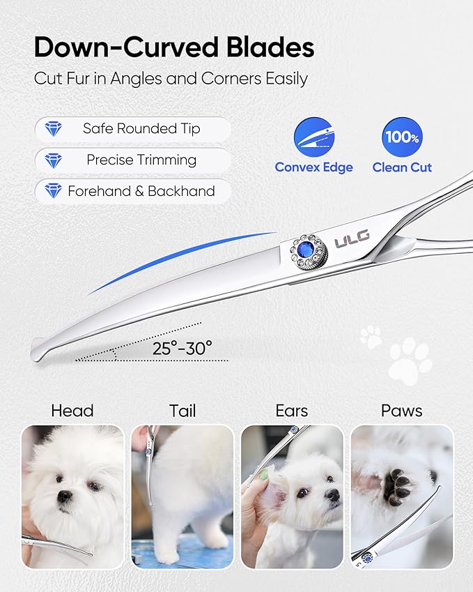 ULG Curved Dog Shears for Grooming, 7 Inch Professional Curved Dog Grooming Scissors for Trimming and Cutting, Japanese Stainless Steel Pet Hair Scissors