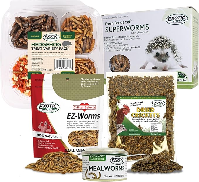 Exotic Nutrition Hedgehog Treat Sampler - Healthy Natural Treat Variety Pack - High Protein Insect Variety Pack for Pet Hedgehogs