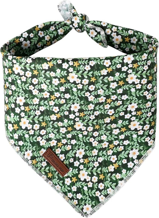Summer Bandana - Cute Pet Bandana with Flower Pattern, Adjustable Green Puppy Bib, Washable Triangle Dog Scarf for Boy, Girl Dogs or Cats