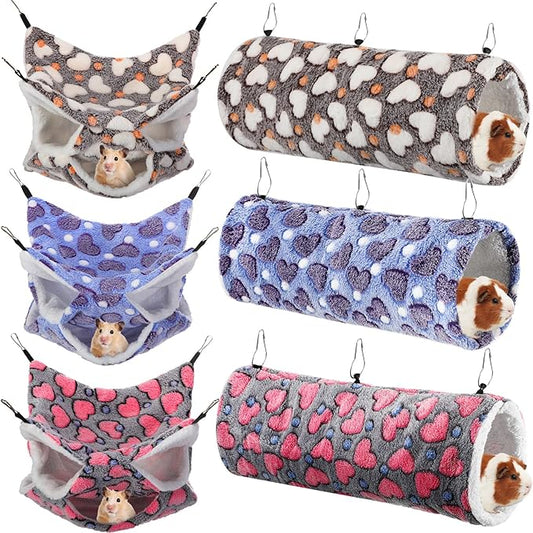 Sweetude 6 Pcs Rat Hammock Set Ferret Hanging Tunnel 3 Tier Guinea Pig Hammocks Hideout Soft Chinchilla Bed for Cage Accessories Hide,Play and Sleep(Cute,Heart)