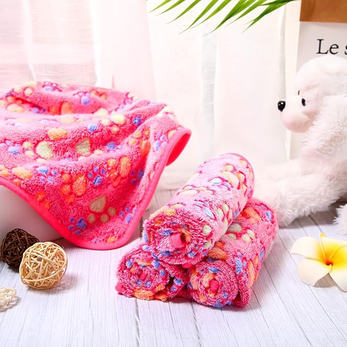 Tatuo 4 Pcs Dog Blanket for Pet Cat Blankets Indoor Puppy Teething Stuff Toys Paw Print Fleece Blanket Warm Sleep Mat for Guinea Pig Cage(Pink,Medium(30 x 20.5 Inch),Square)