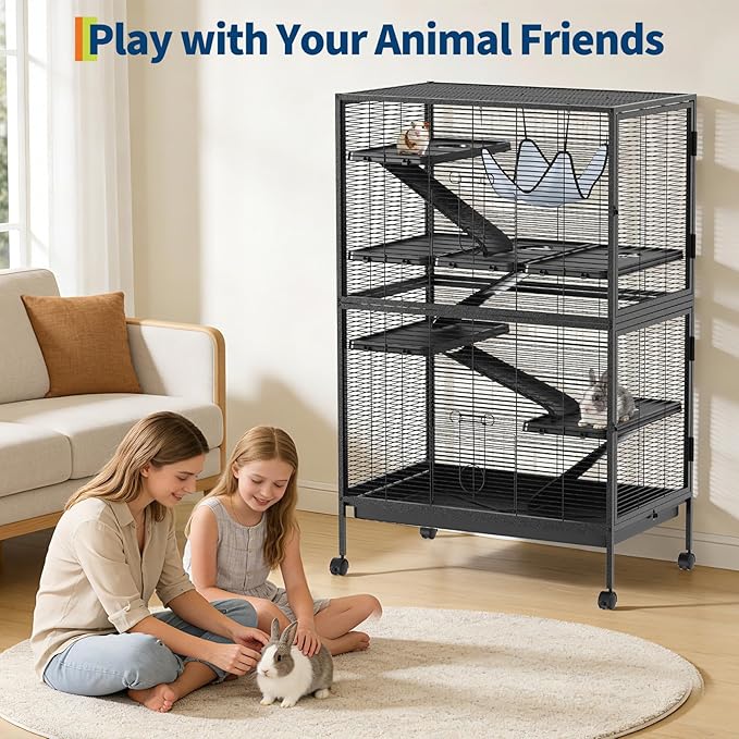 Garvee Ferret Cage, 50" h Large Ferret Nation Cage with 5 Removable Ramps, Hammock, Metal Small Animal Cages for Guinea Pigs, Sugar Glider Rabbit, Chinchillas