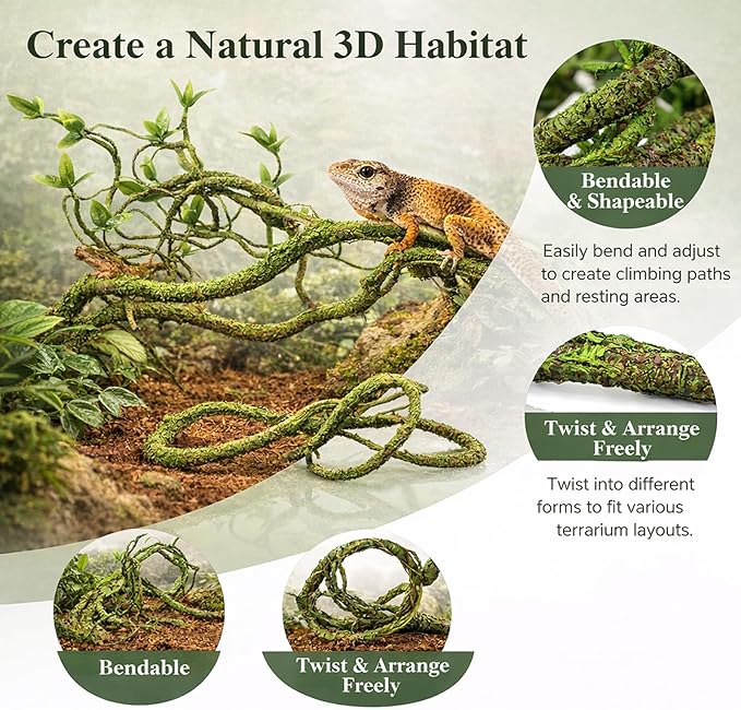 RUNANIA Crested Gecko Tank Accessories，Reptile Vines Plants with Coconut Shell Ladder Hideout Hermit Crab Decor for Bearded Dragon Lizard Chameleon Tortoise Snake