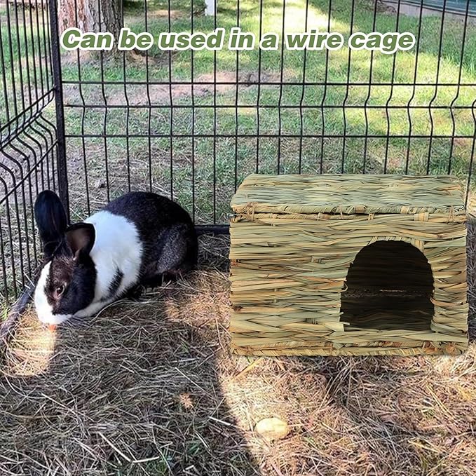 BWOGUE 2 Pack Grass Bunny House Natural Hand Woven Seagrass Hideaway Toy Hay Mat Chew Hut for Bunny Hamster Chinchilla Guinea Pigs Small Animals