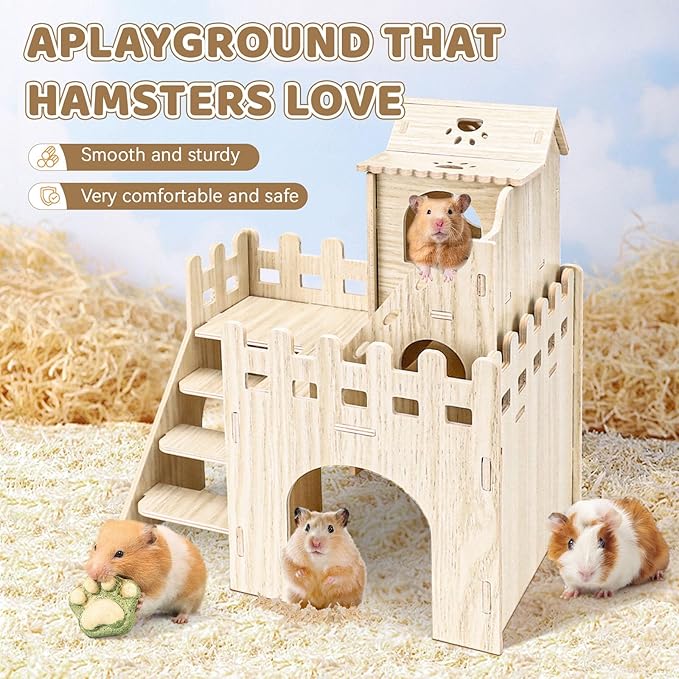 Wooden Hamster Hideout, Hamster Houses and Hideouts with Climbing Ladder, Hamster Maze Hamster Accessories for Bigger Syrian Hamsters and Small Animals
