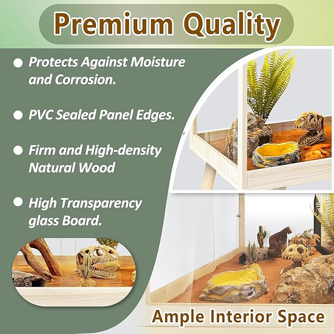 PROLEE Reptile Enclosure with Leg, 30 Gallons Bearded Dragon Tank, Tempered Glass Lizard Tank with Metal Mesh Tops and Lockable Door, Spacious Reptile Habitat for Snake,Lizard (Oak)