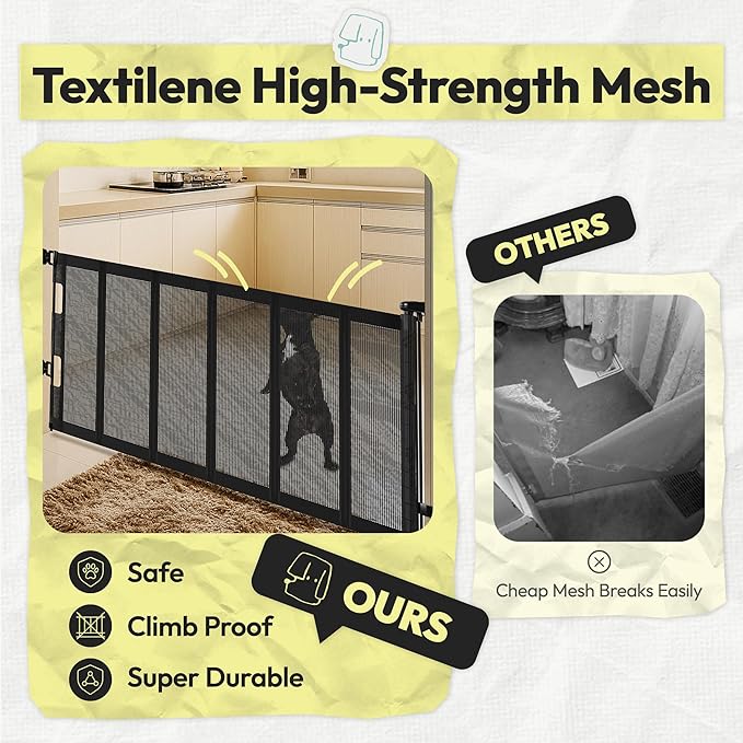 34" H Tall Mesh Dog Gate Extends Up to 150" W Retractable Pet Gate with Drill Installation, Preventing Crawling Through for Stairs, Doorways, Indoor & Outdoor (Black)
