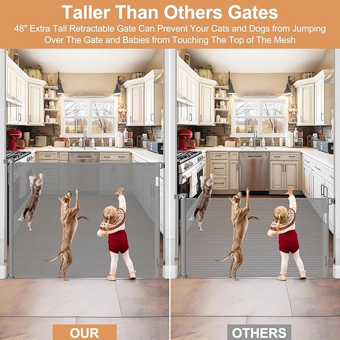 4ft Extra Tall Retractable Baby Gates for Doorways 48 Inch Tall Retractable Dog Gate Indoor 85" Wide Child Gate for Stairs High Mesh Puppy Gates for the House Prevent Kids/Pets from Jumping Over, Gray