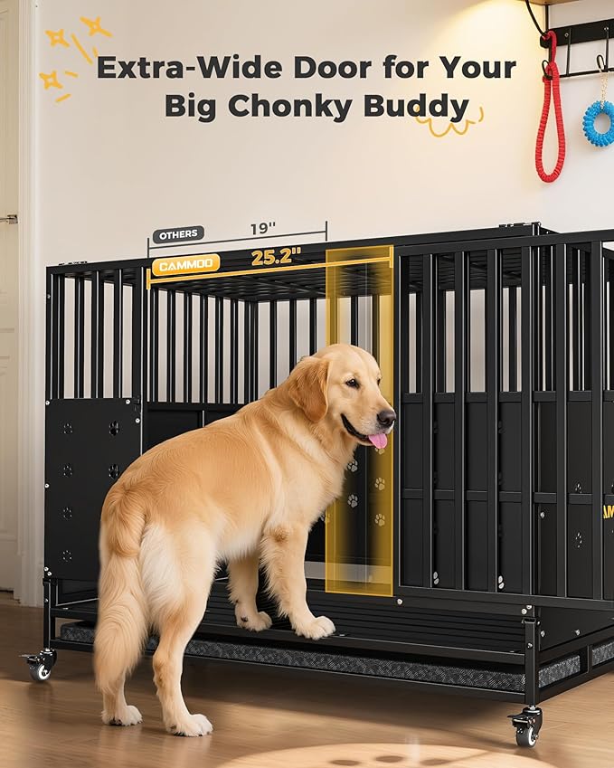 Cammoo 48'' Heavy Duty Dog Crate for Large Dogs, – Upgraded Chew-Proof Panels, Comfort-Widened Floor Panel, Dog Kennel Indoor, Adjustable Internal Height, Easy-Access Wide Door, 4 Lockable Wheels
