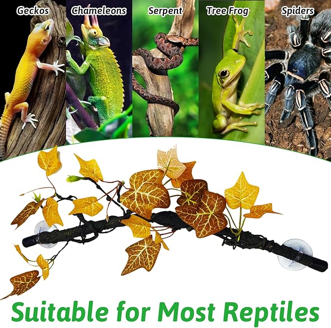 PINVNBY 2 PCS Snake Climbing Branch, Flexible Jungle Reptile Vine with Suction Cup Gecko Climb Tree Branches Chameleons Cage Accessories for Lizards,Tree Frog, Crested Gecko,Snake Enrichment（Orange）