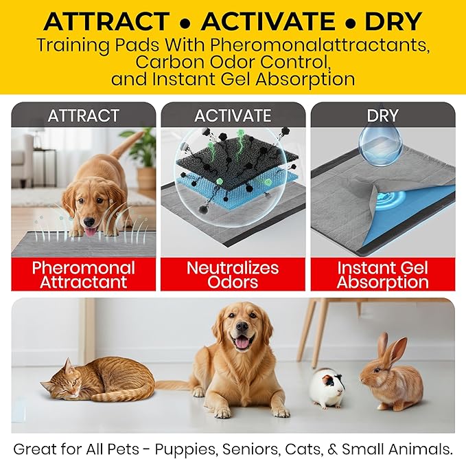 Glad for Pets Extra Large Charcoal Dog Training Pads, Absorbent Leak Proof Pee Pads for Dogs and Puppies, Odor Control Potty Pads with Activated Carbon, 28 x 30 Inches, 30 Count - 6 Pack