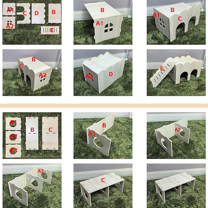 2 PCS Large Wooden Syrian Hamster Hideout Multi-Chamber Tunnel Set Hamster House Hiding Maze Platform Stuff Exploring Toy Cage Accessories for Guinea Pig Rat Mice Hedgehog Squirrel Chinchilla