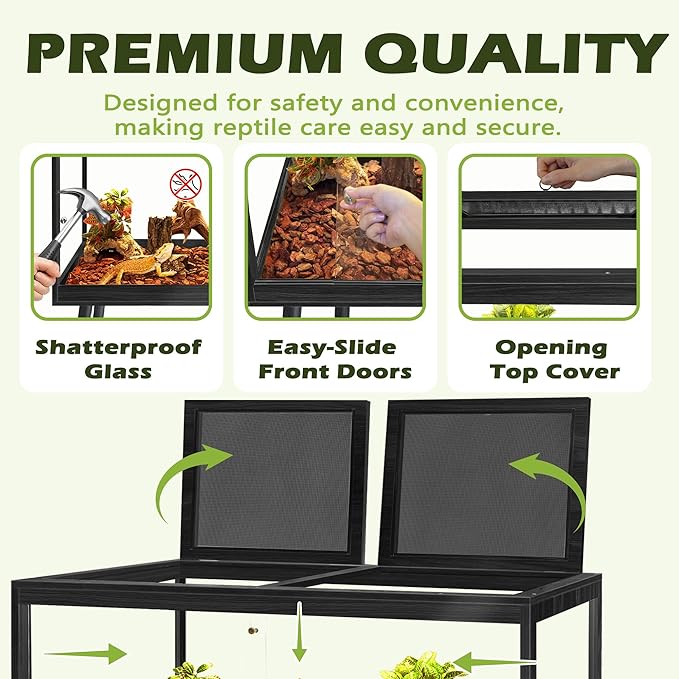 PROLEE Bearded Dragon Tank with Leg, 81 Gallon Tempered Glass Lizard Tank, Reptile Enclosure with Metal Mesh and Lockable Door, Reptile Tank for Snakes,Chameleon (Black, 48x19.5x19.5 Inch)